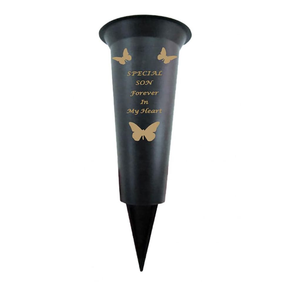 image 1 of Son Plastic Spike Memorial Graveside Flower Vase With Butterfly Decoration