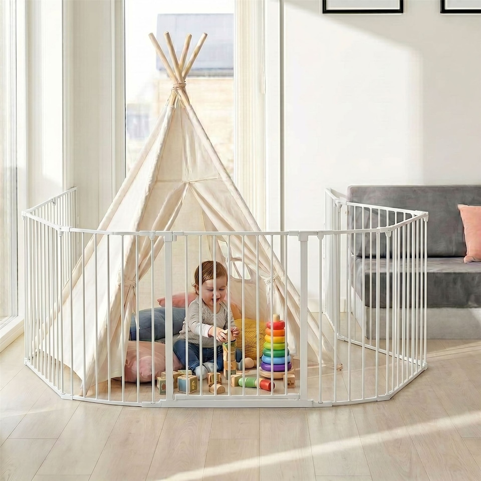 image 1 of Safetots Premium Multi Panel Room Divider, up to 370cm Wide, White, 70cm Tall, Flexible Barrier with Door for Baby and Toddler