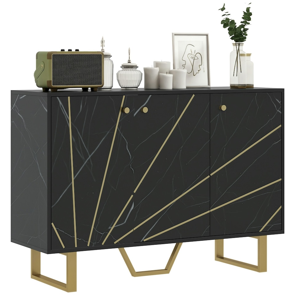 image 1 of HOMCOM Sideboard Storage Cupboard with Metal Legs for Living Room, Black Black | Gold