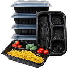 Black 4 Compartment Meal Prep Containers With Lid Plastic Microwave Safe Food Storage Box 20pc