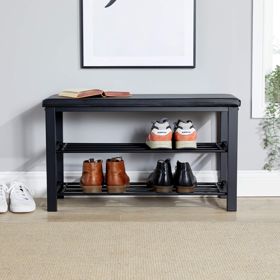 image 1 of Metal Shoe Bench with Storage Shelfs For Entryway Hallway Seating | Black