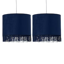 First Choice Lighting Set of 2 Tassel Navy Blue Velvet with Chrome Inner Easy Fit 25cm Pendant Shades Blue | Chrome