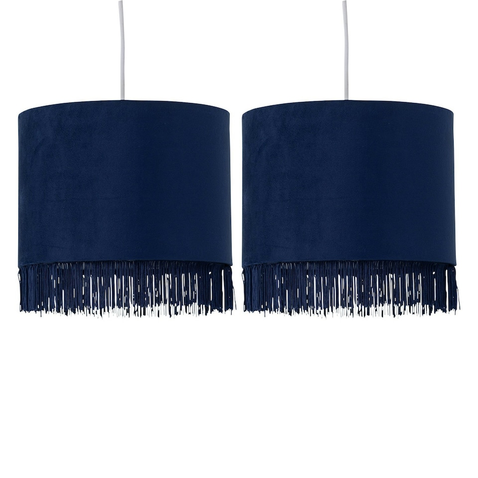 image 1 of First Choice Lighting Set of 2 Tassel Navy Blue Velvet with Chrome Inner Easy Fit 25cm Pendant Shades Blue | Chrome