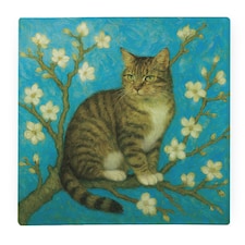 Van Gogh Almond Blossoms Tabby Cat Large Square Worktop Protector - Smooth Glass Chopping Board