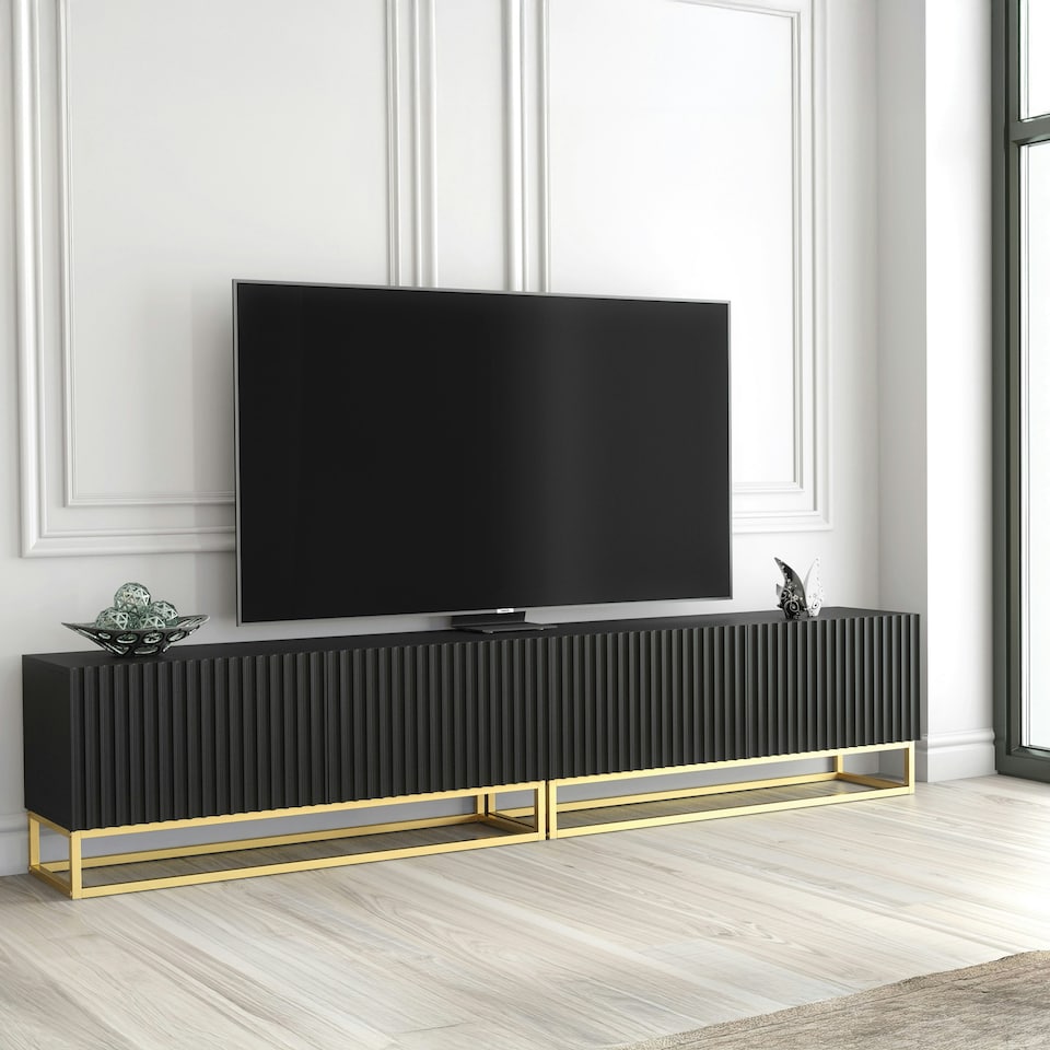image 1 of Modular TV Unit 200cm Black Matt with Fluted Fronts and Gold Base Black