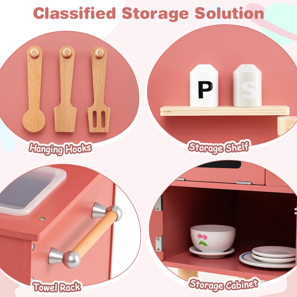 image 1 of COSTWAY Pretend Play Kitchen Wooden Kitchen Playset with Stoves Pink