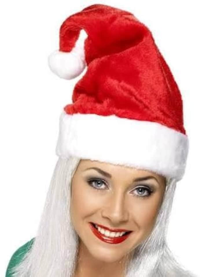 image 1 of Deluxe Red Plush Santa Claus Father Christmas Hat with White Fur Trim and Bobble