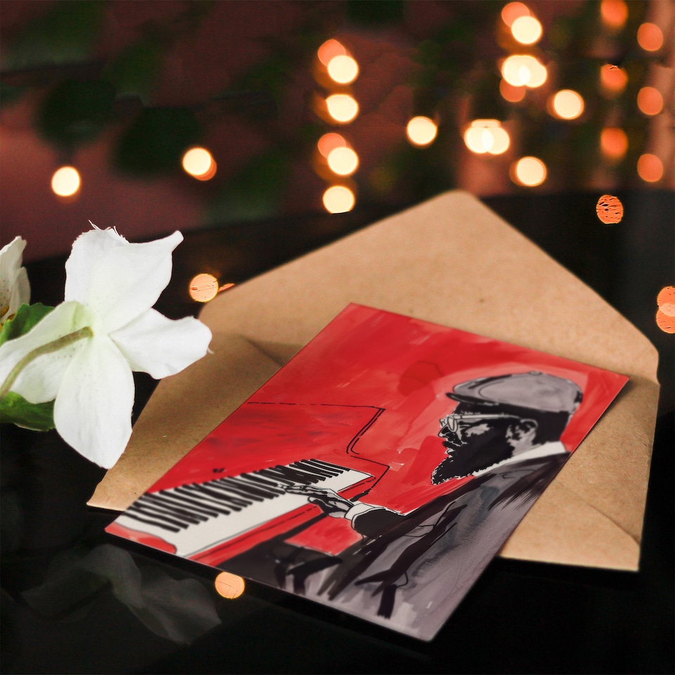 image 1 of Greeting Card Thelonious Monk Jazz Piano Music Red Portrait Birthday