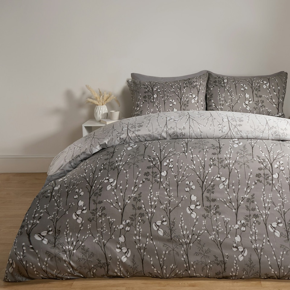 image 1 of OHS Willow Print Reversible Duvet Quilt Cover and Pillowcase Set, Single - Grey