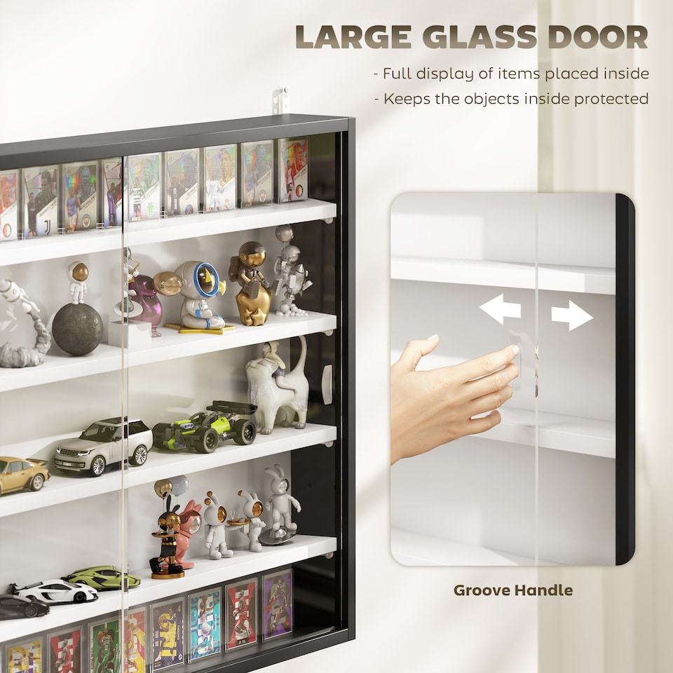 image 1 of HOMCOM 5-Tier Wall Display Shelf Cabinet with Glass Doors, Black and White | Multi | Black with white shelves | Overall size: 80W x 9.5D x 60H cm