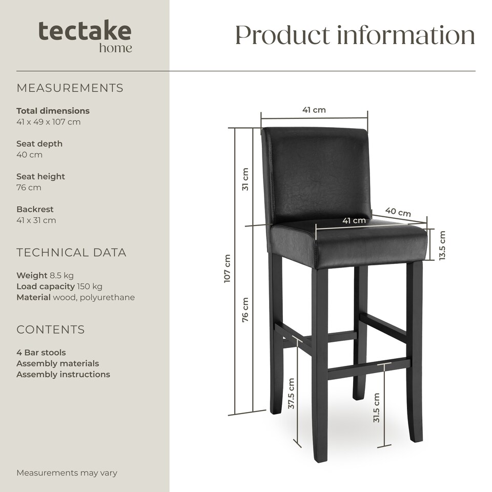 image 1 of Bar Stools with a padded backrest and faux leather cover | Black | black | 41 x 40 x 107 cm | 4