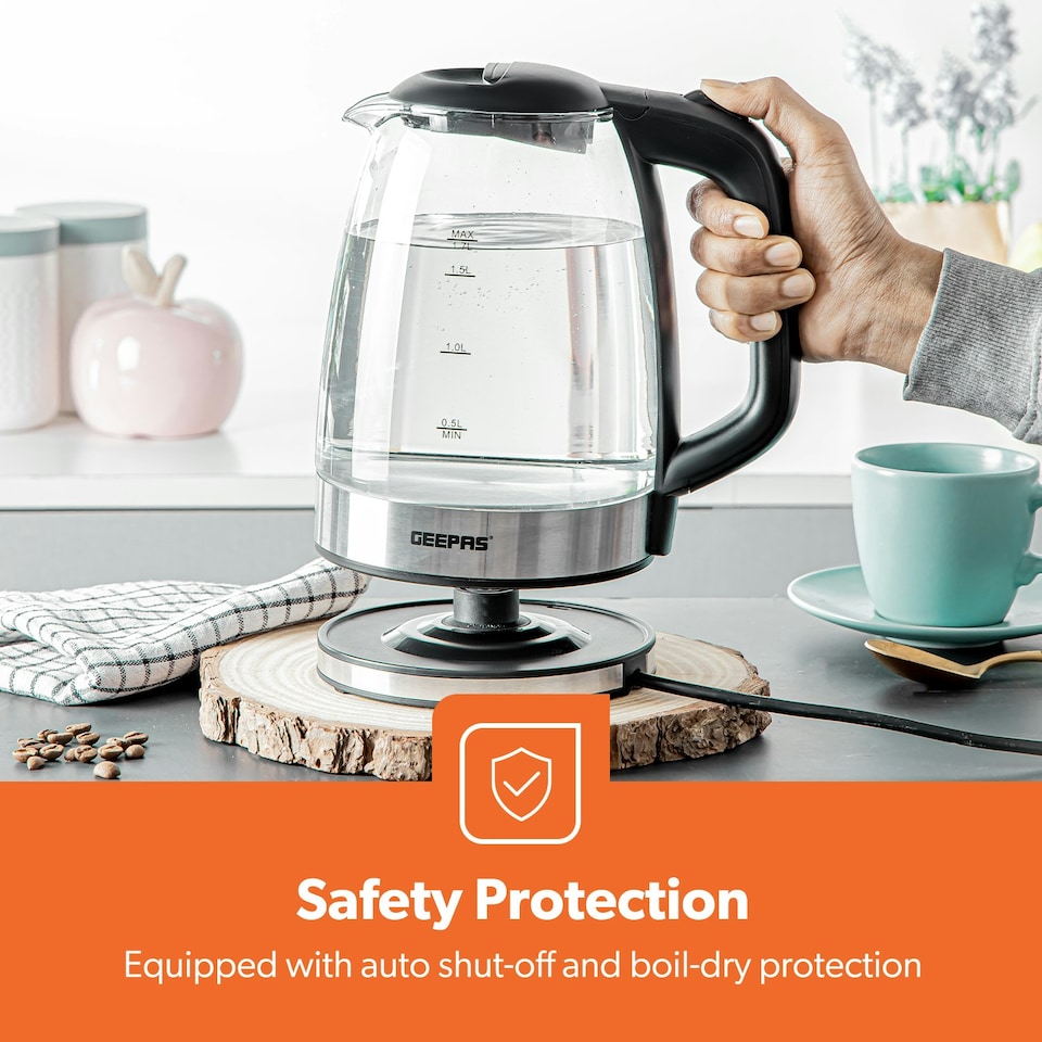 image 1 of GEEPAS 4 Slice Bread Toaster & 1.7L Illuminating Electric Glass Kettle Set, Black