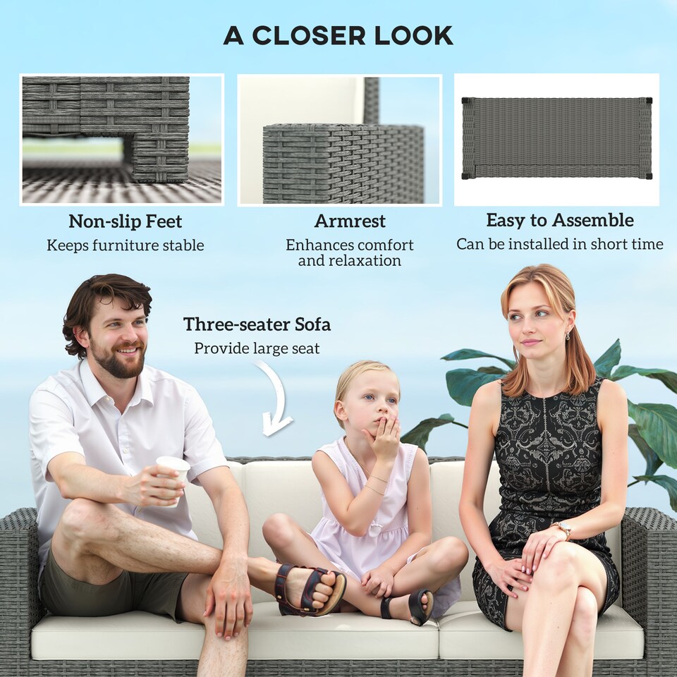 image 1 of Outsunny 3 Seater Rattan Sofa with 10 cm Thick Padded Cushion, All-Weather PE Wicker Weave Garden Three-seater Bench with Armrests, Cream White