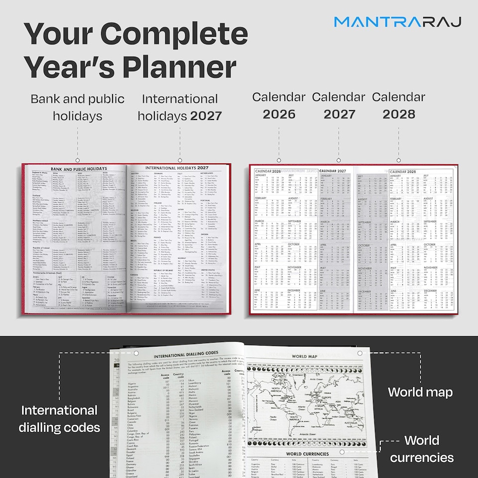 image 1 of MantraRaj 2027 Diary A5 2 Pages A Day Diary Hardback Year Planner Office Desk Diary (Red)