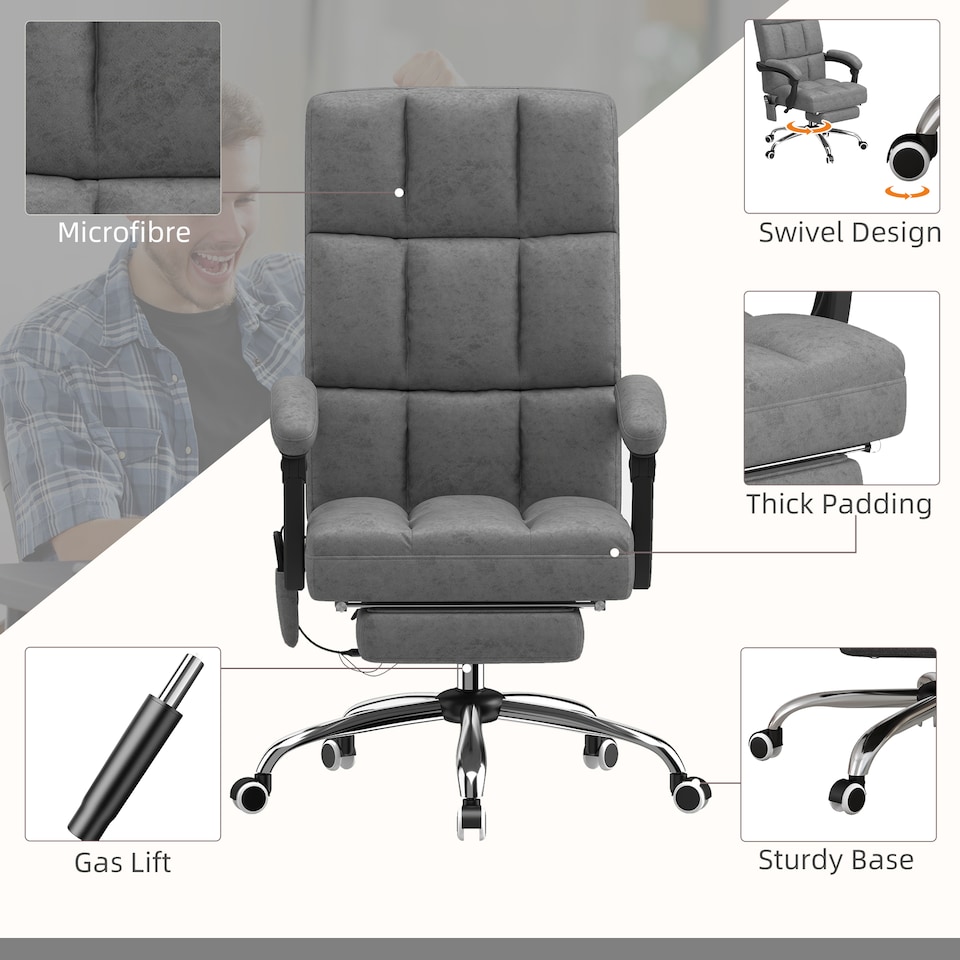image 1 of Vinsetto Massage Office Chair, Ergonomic Desk Chair, Comfy Work Study Chair with Heat, Padded Seat, 135 Reclining Back and Footrest for Home Office, Charcoal Grey