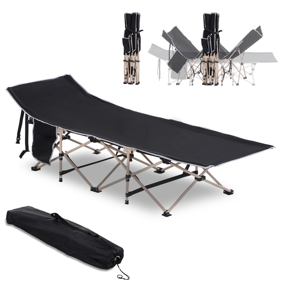 image 1 of Outsunny Single Person Camping Bed Folding Cot Outdoor Patio Portable Military Sleeping Bed Travel Guest Leisure Fishing with Side Pocket and Carry Bag - Black