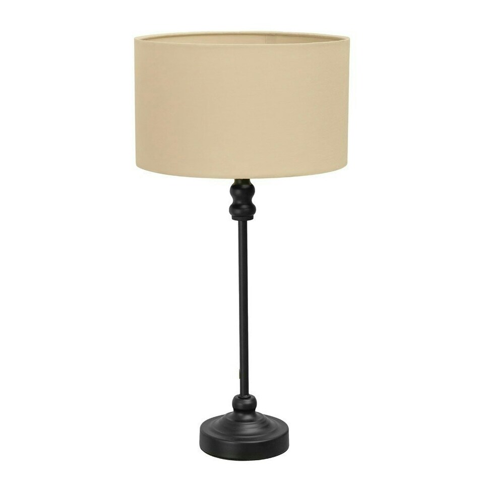 image 1 of ValueLights Maggie Black Metal Candlestick Slim Table Lamp with Natural Fabric Drum Lamp Shade