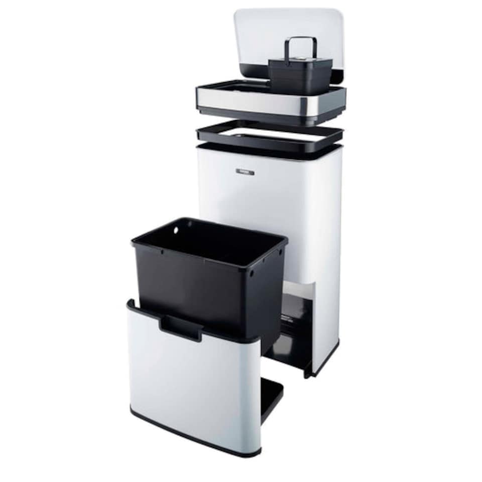 image 1 of Cooks Professional Recycling Sensor Bin 75L with Dual Compartments & Food Caddy | White | White & Silver