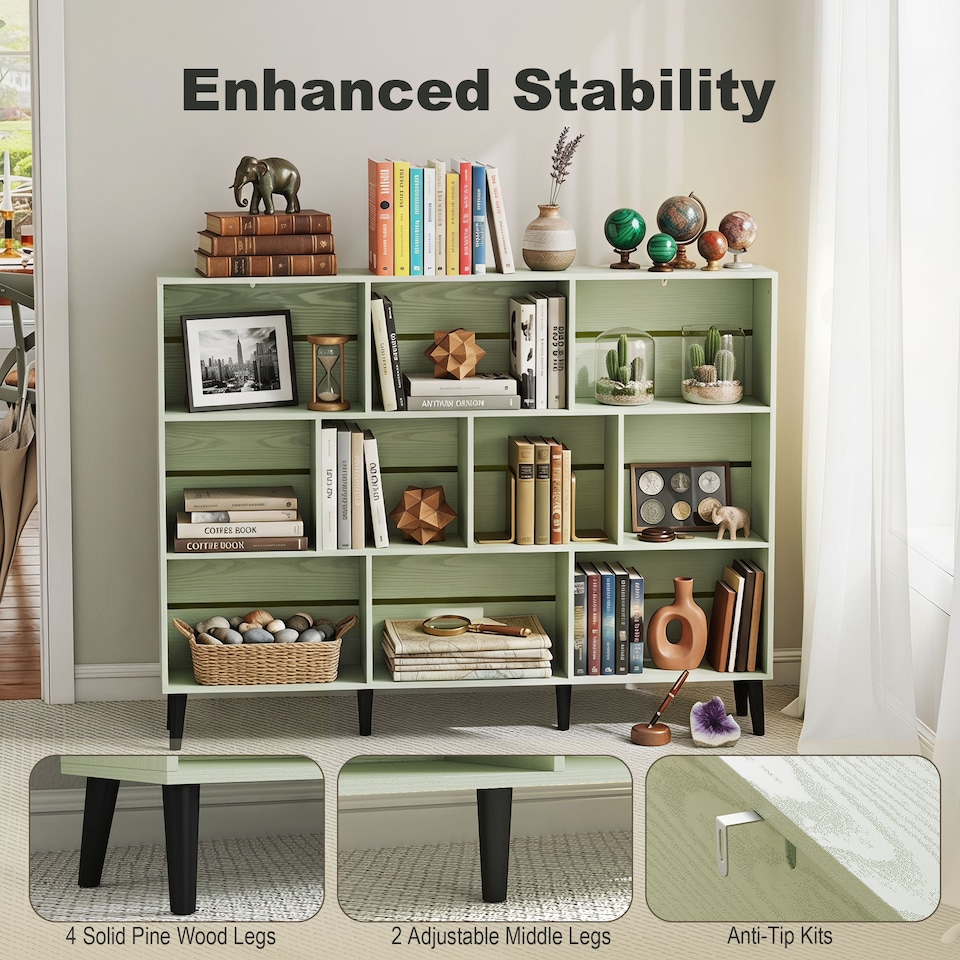 image 1 of HOMCOM 3-Tier Bookshelf with 10 Cubbies, Book Shelf with Wood Legs