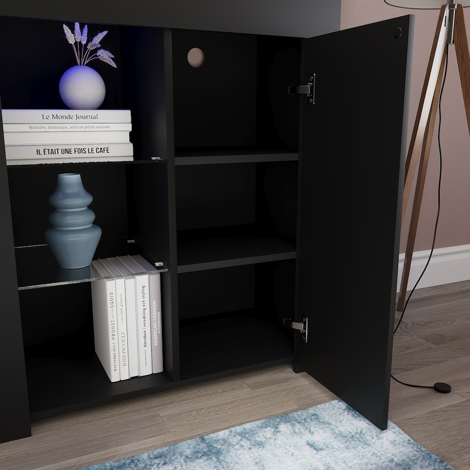 image 1 of Vida Designs Azura 1 Door LED Sideboard Buffet Cabinet Storage, Black | Black | 1