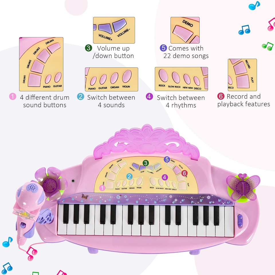 image 1 of HOMCOM Mini Battery Organ Piano Microphone Stool 32 Key Keyboard Kids Toy