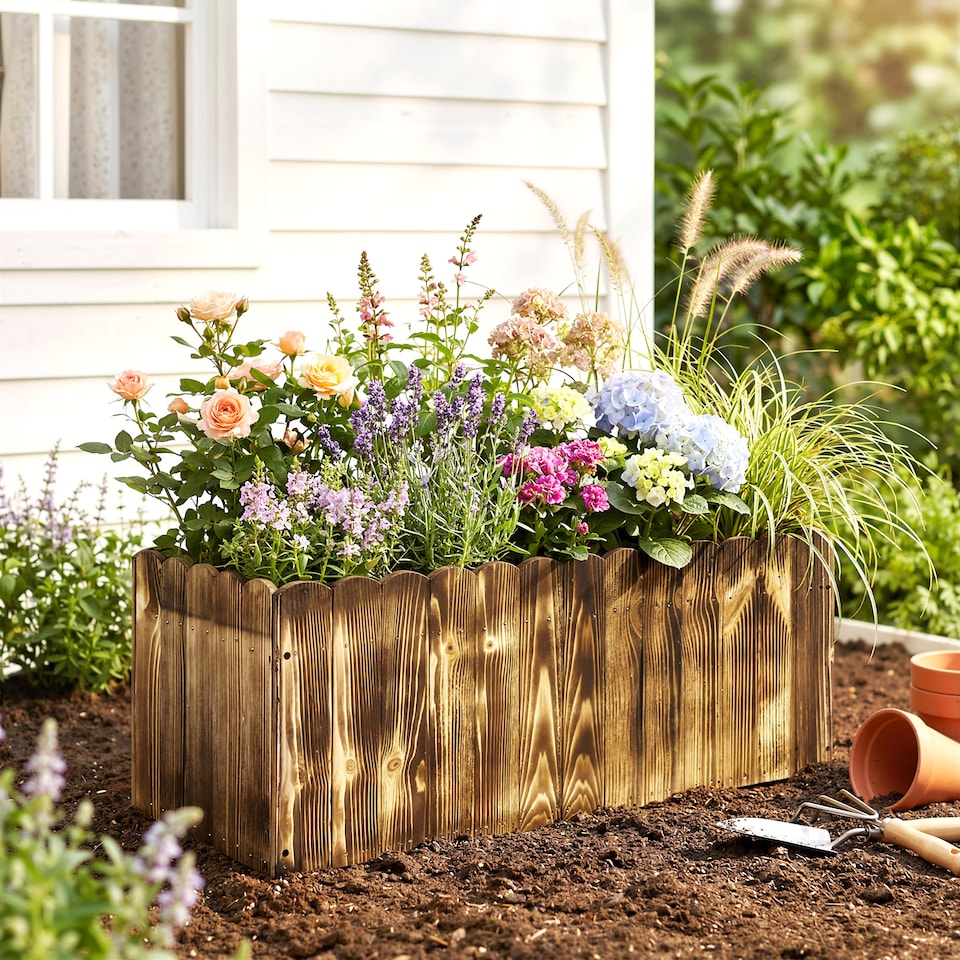 image 1 of Outsunny 70L Wooden Rectangle Garden Flower Raised Bed Pot 80L x 33W x 30H cm | Brown | Natural wood colour
