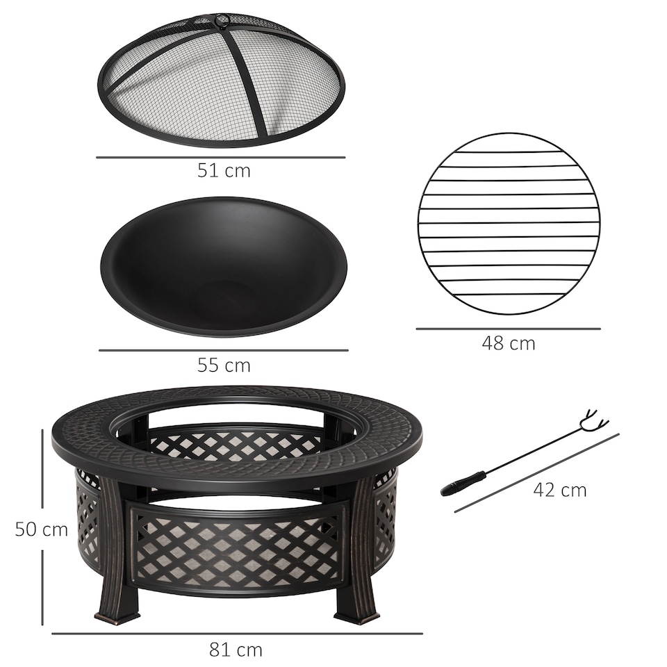 image 1 of Outsunny Outdoor Fire Pit,Round Firepit with Grill Net,Mesh Lid,Bronze Tone | Bronze | Bronze Tone | 81 x 81 x 50 cm