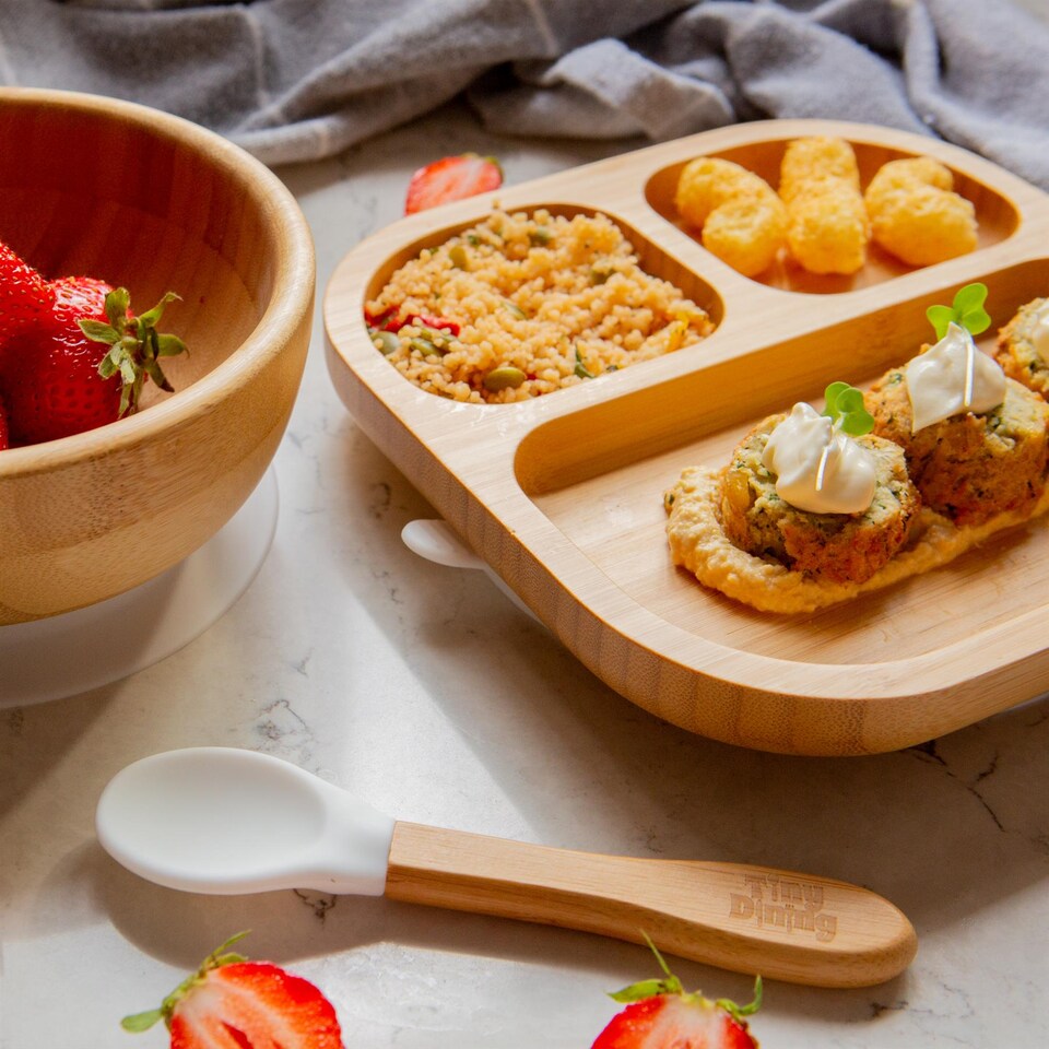 image 1 of Tiny Dining 4pc Divided Bamboo Suction Baby Feeding Set - Orange