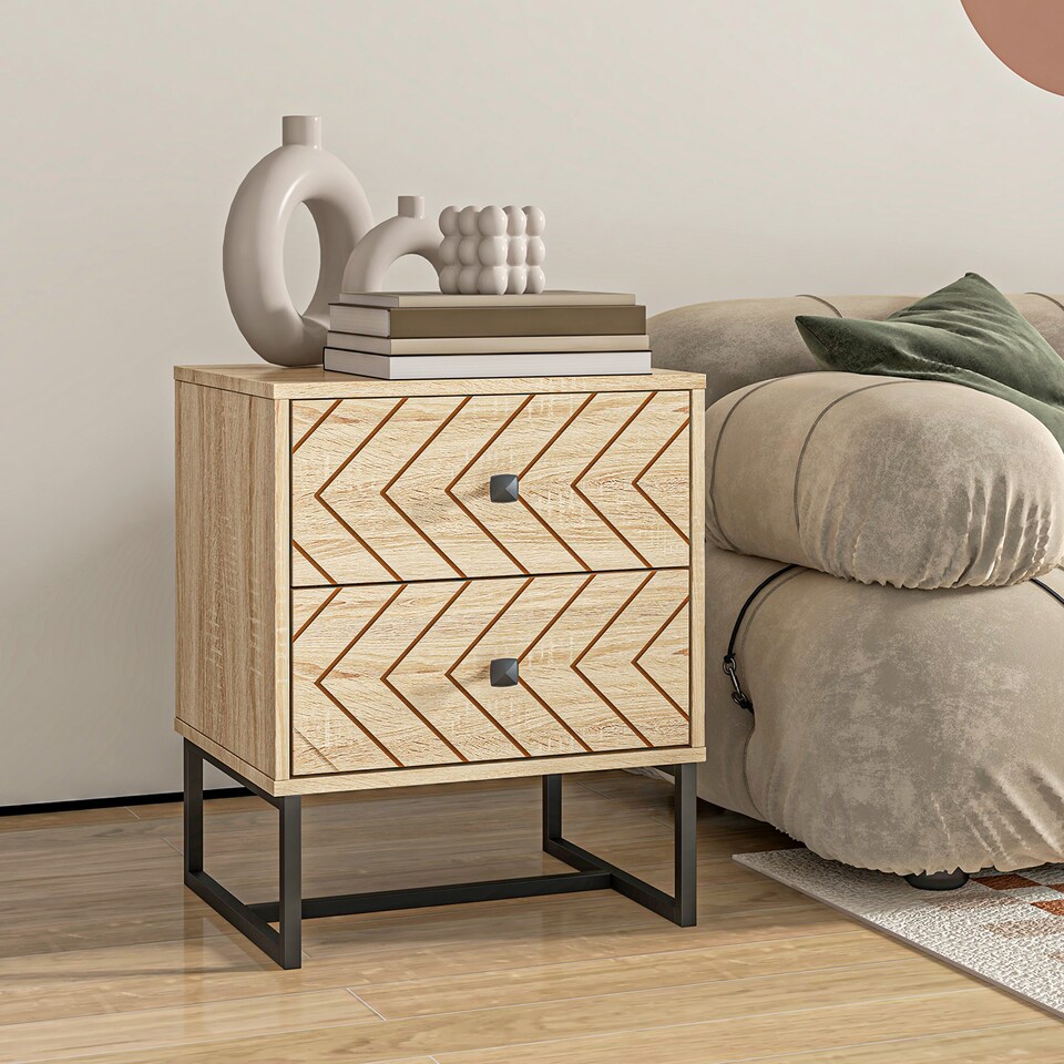 image 1 of HOMCOM Bedside Table Unit Unique Zig Zag Design w/ Black Metal Handles Melamine