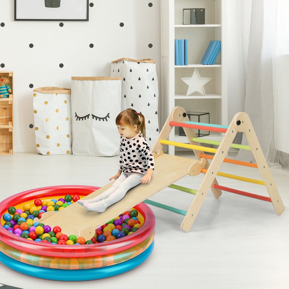 image 1 of COSTWAY 3-in-1 Triangular Climbing Toys Outdoor Toddlers Foldable Triangle Set