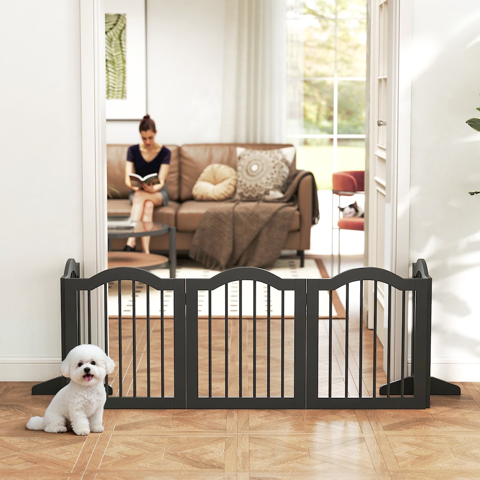image 1 of PawHut Dog Gate 5 Wood Panel Freestanding Pet Fence Folding Safety Barrier