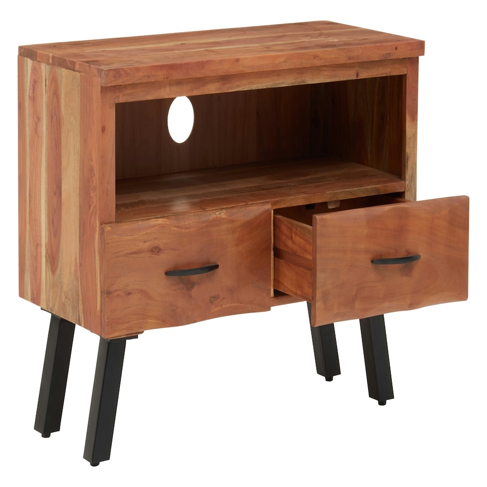 image 1 of Interiors by Premier Two‑Drawer Acacia Media Unit, Natural Acacia Wood TV Cabinet with Open Shelf, Iron Legs Media Console