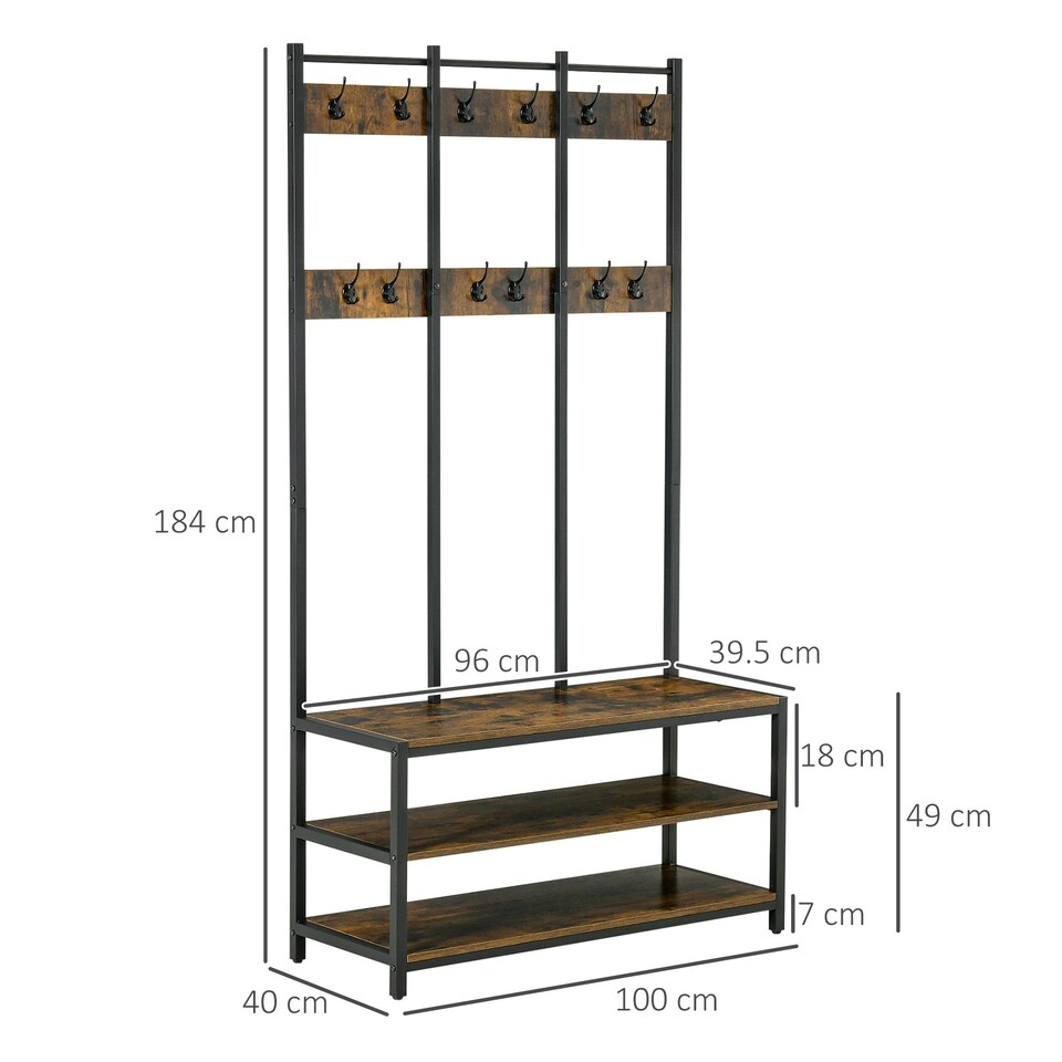 image 1 of HOMCOM Entryway Coat Rack Hall Tree Shoe Bench 3 in 1 Design Metal Storage Rack