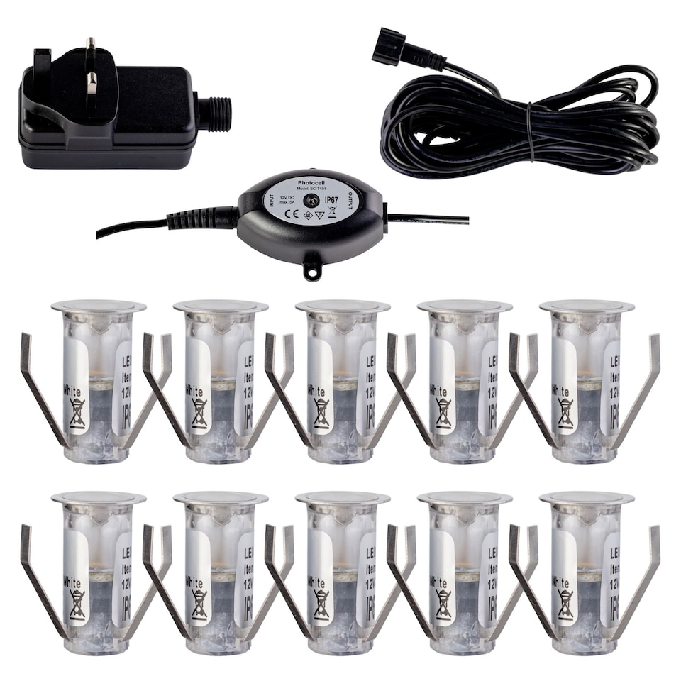 image 1 of Set of 10 - 15mm IP67 Warm White LED Decking Kit with Photocell | Chrome | Clear | 10