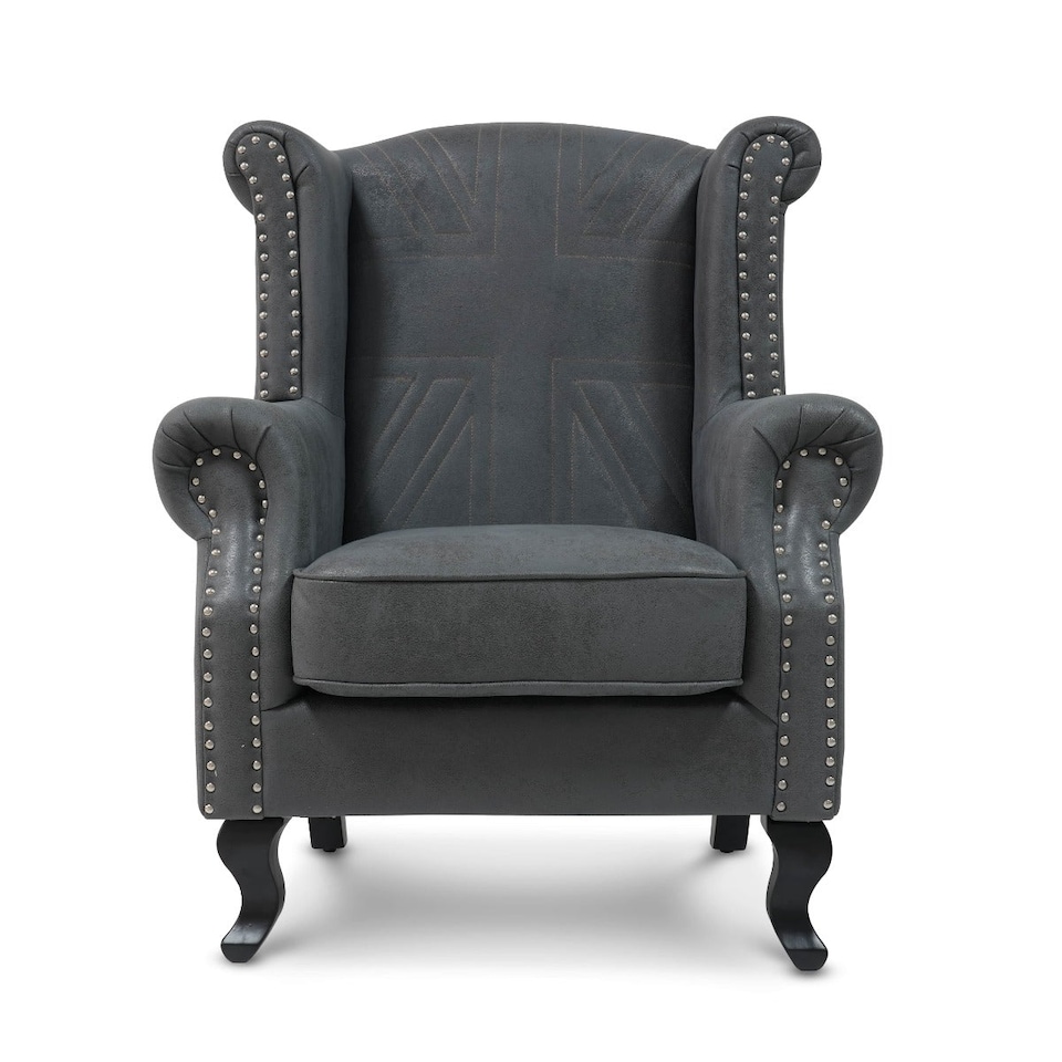 image 1 of Faux Leather Suede Grey Britannia Wing Back Chair with Union Jack Flag