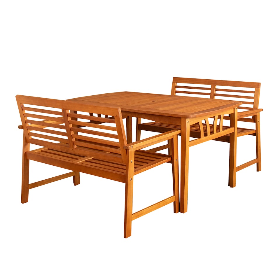 image 1 of Outdoor 4 Person Rectangular Wooden Garden Table, 2 Benches Furniture Set