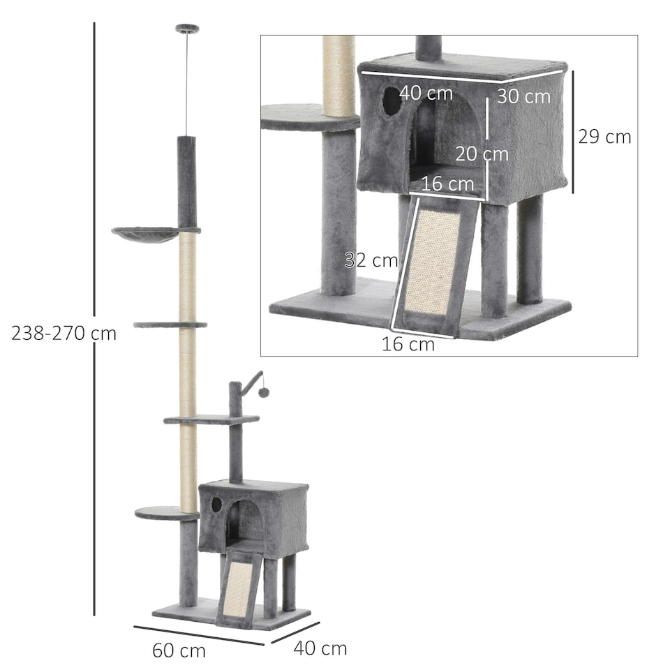 image 1 of PawHut 270cm Floor To Ceiling Cat Tree Scratching Post with Hammock, Grey