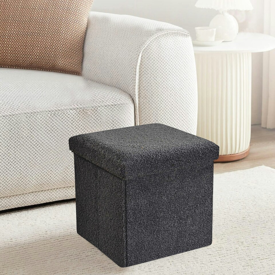 image 1 of Home Republic Boucle Storage Ottoman - 38cm X 38cm Foldable Cream