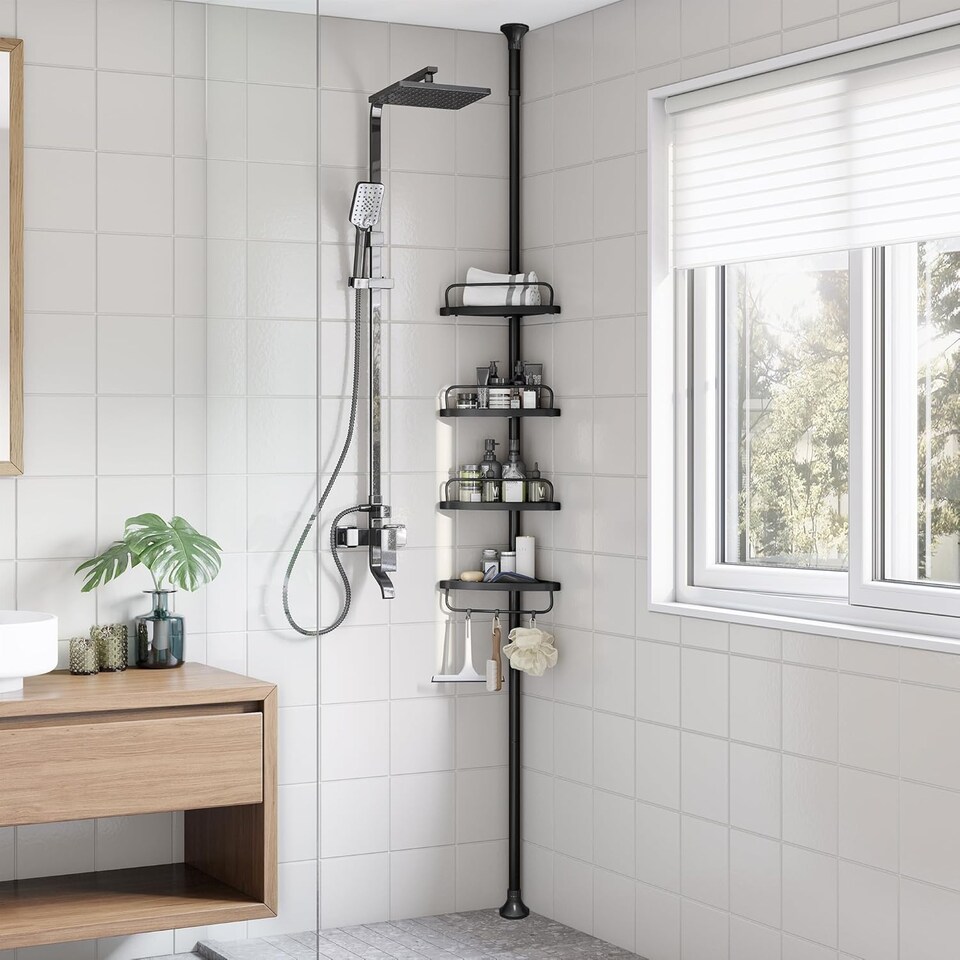 image 1 of Adjustable 4-Tier Corner Shower Caddy Storage Organizer for Bathroom, Black