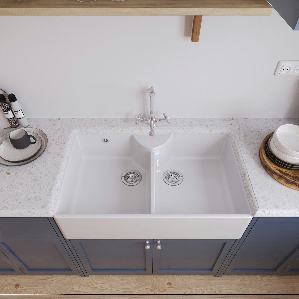 image 1 of 895mm - Double Bowl Fireclay Butler Kitchen Sink - Stepped Weir, Classic Tap & Wastes