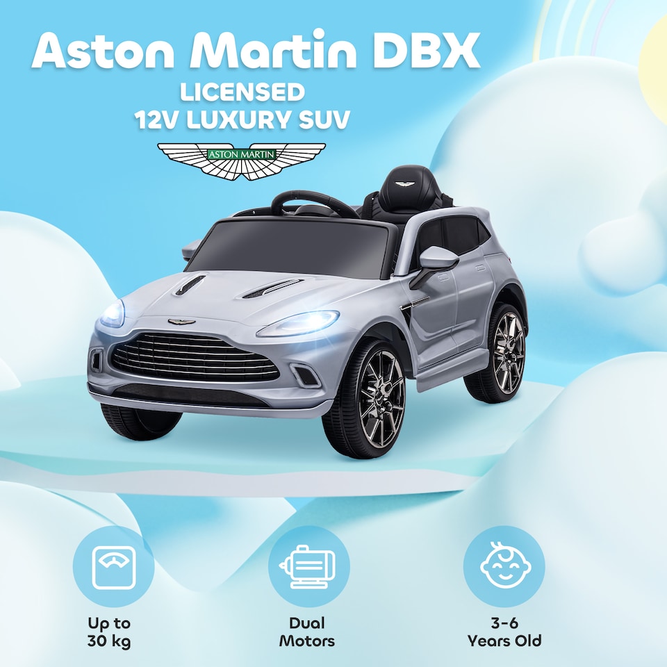 image 1 of AIYAPLAY 12V Kids Electric Car, Aston Martin DBX Licensed Kids Ride on Car with Remote Control, 4 Suspension Wheels, LED Lights, Music, Horn, Slow Start, for Ages 3-6 Years, Grey