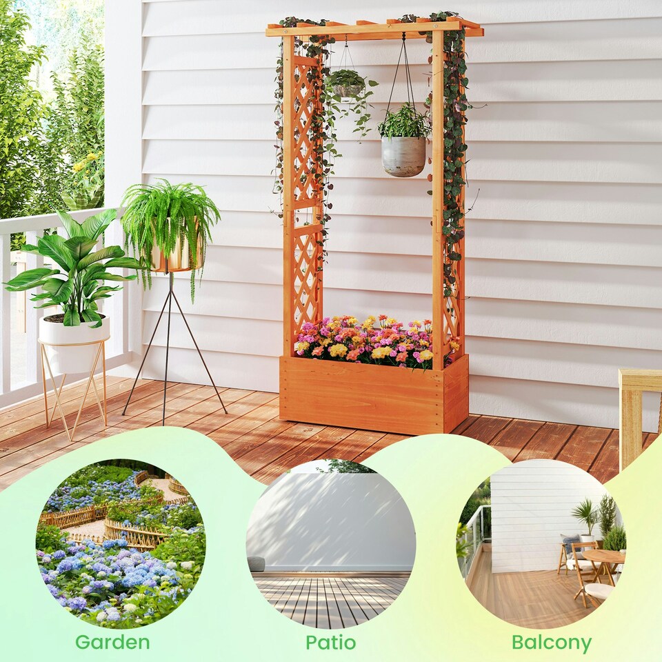 image 1 of COSTWAY Raised Garden Bed Wood Planter Box with Trellis Orange