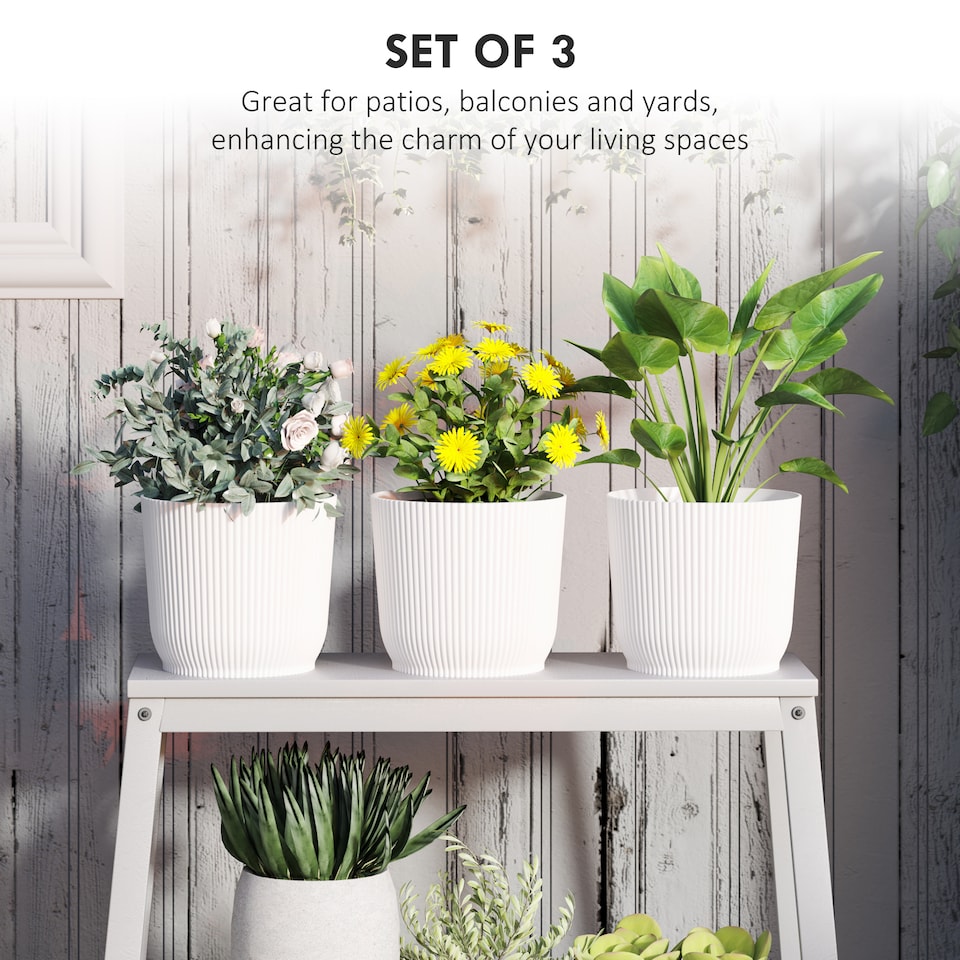 image 1 of Outsunny Set of 3 Round Plant Pots Outdoor 22cm for Garden, White | White | White | Ф22 x 20Hcm