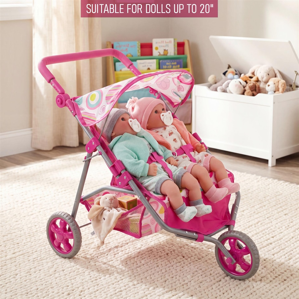 image 1 of BiBi Doll 3 Wheeler Twin Dolls Pink Pushchair Toy with Canopy & Basket For Up To 20" Dolls