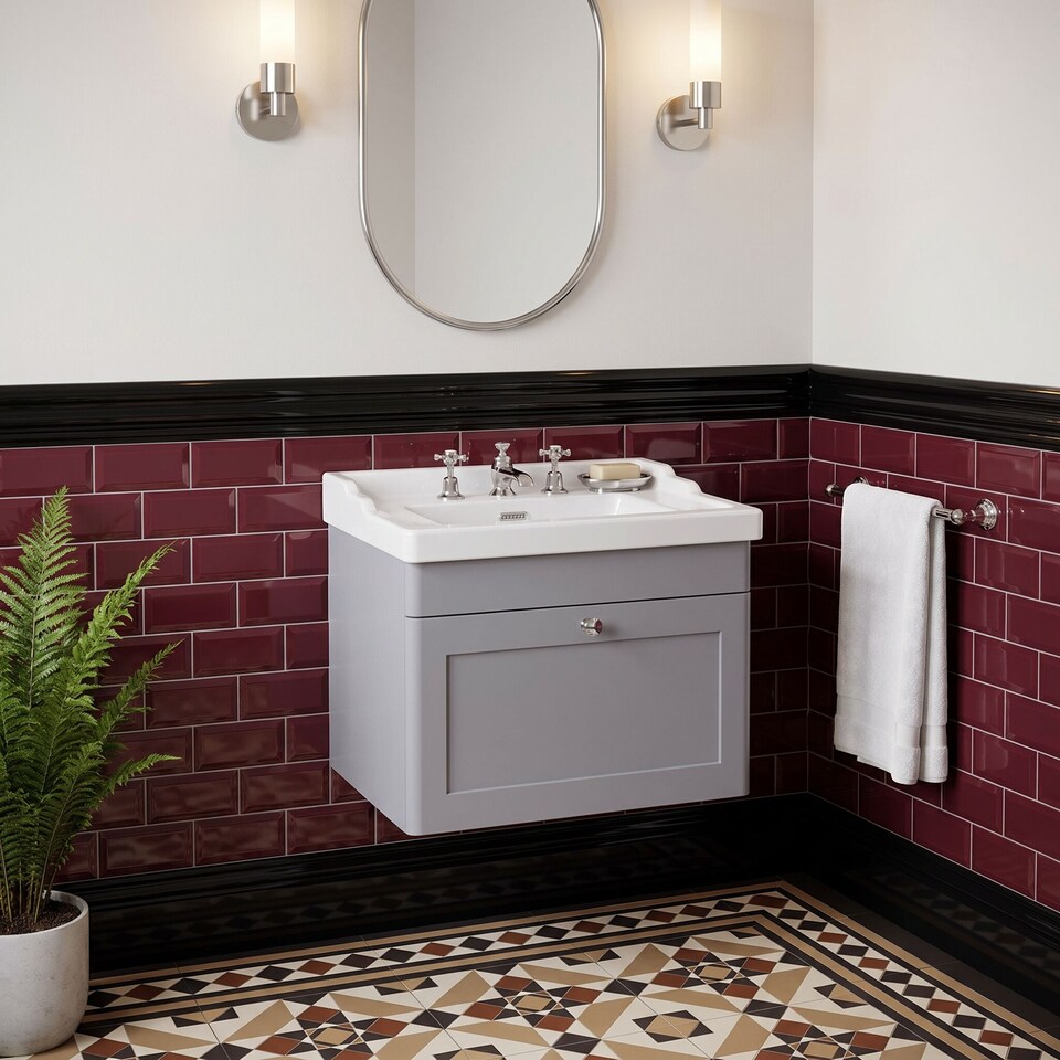 image 1 of Balterley Swynnerton Traditional 1 Drawer Wall Hung Vanity Unit with Basin, Satin Grey, 600mm