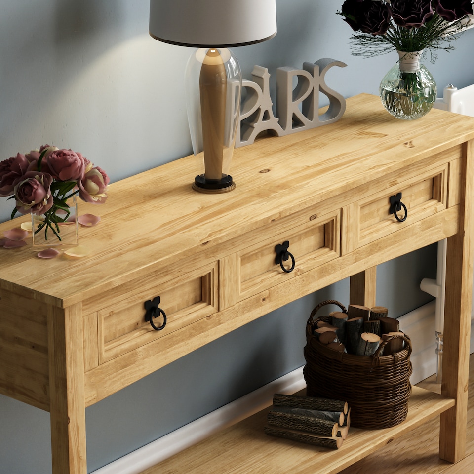 image 1 of Vida Designs Corona 3 Drawer Console Table With Shelf, Solid Pine Wood