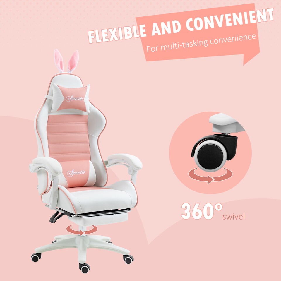 image 1 of Vinsetto Racing Gaming Chair, Reclining PU Leather Computer Chair with Removable Rabbit Ears, Footrest, Headrest and Lumber Support, Pink