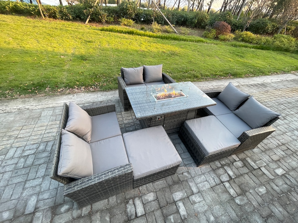 image 1 of Fimous Rattan Garden Furniture Set Outdoor Lounge Sofa Chair Gas Fire Pit Dining Table Set With 2 Big Footstool Double Seat Sofa Armchiar