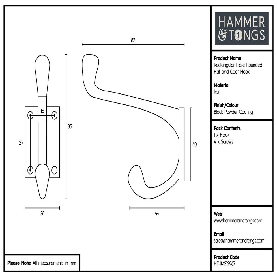image 1 of Hammer & Tongs Rectangular Plate Rounded Hat & Coat Hook - W30mm x H85mm - Black