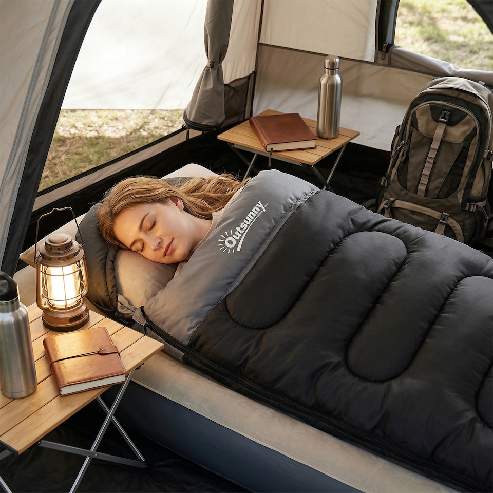 image 1 of Outsunny Sleeping Bag for Adults, Lightweight & Compact Sleeping Bag | Black | Black | 215 x 75 x 10 cm